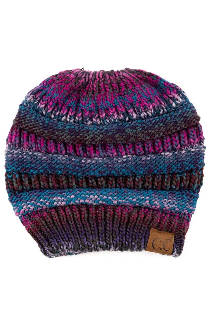 C.C Multi Color Cable Knit Beanie Ponytail Hat