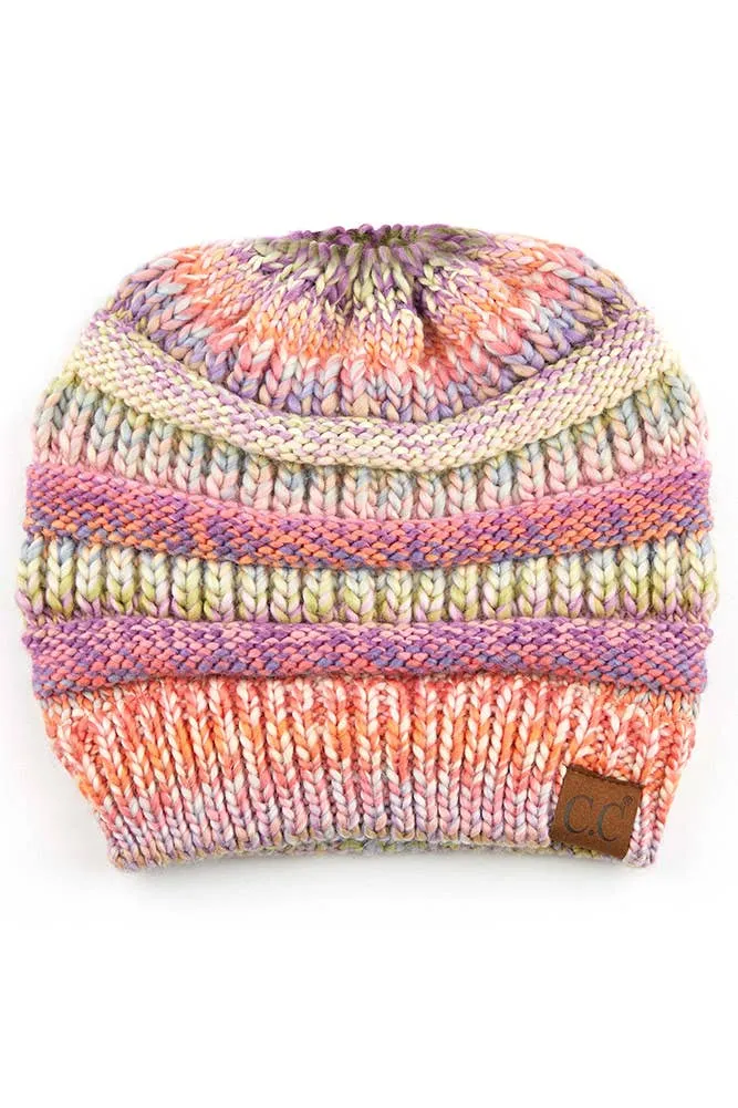 C.C Multi Color Cable Knit Beanie Ponytail Hat