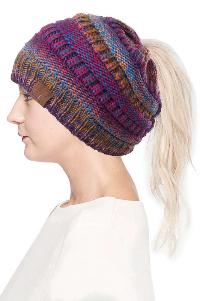 C.C Multi Color Cable Knit Beanie Ponytail Hat