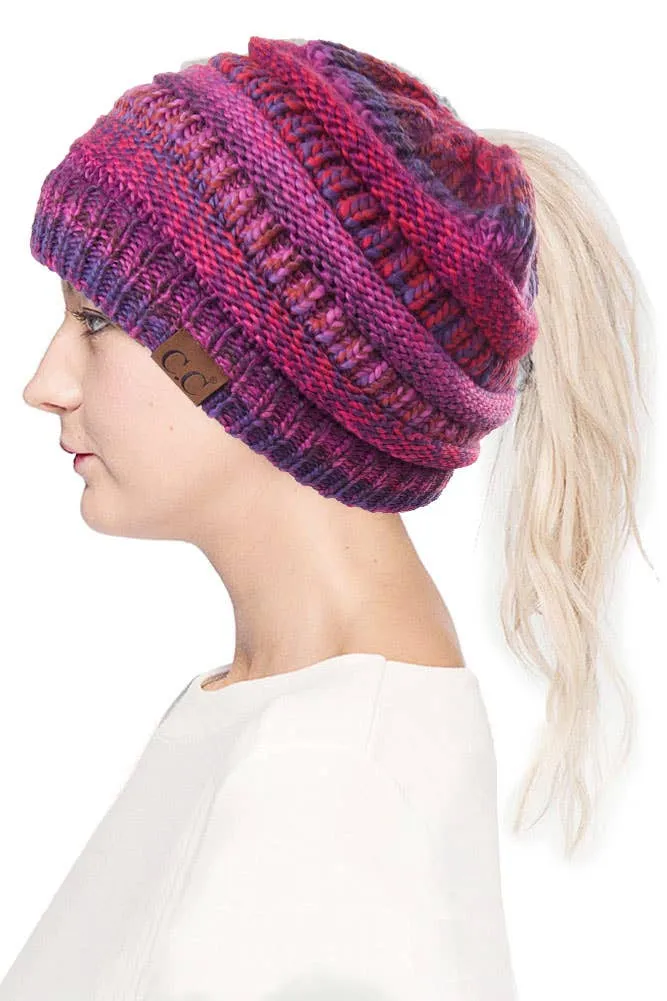 C.C Multi Color Cable Knit Beanie Ponytail Hat