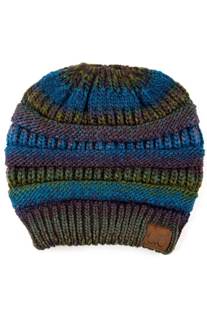 C.C Multi Color Cable Knit Beanie Ponytail Hat