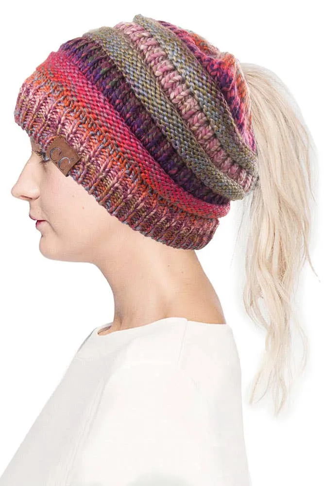C.C Multi Color Cable Knit Beanie Ponytail Hat