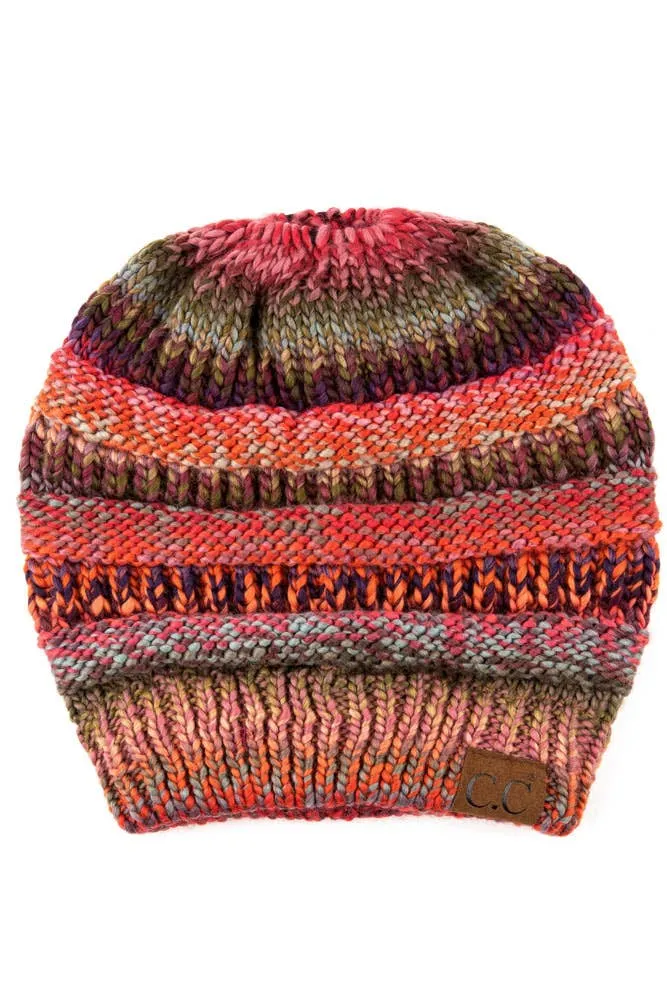C.C Multi Color Cable Knit Beanie Ponytail Hat
