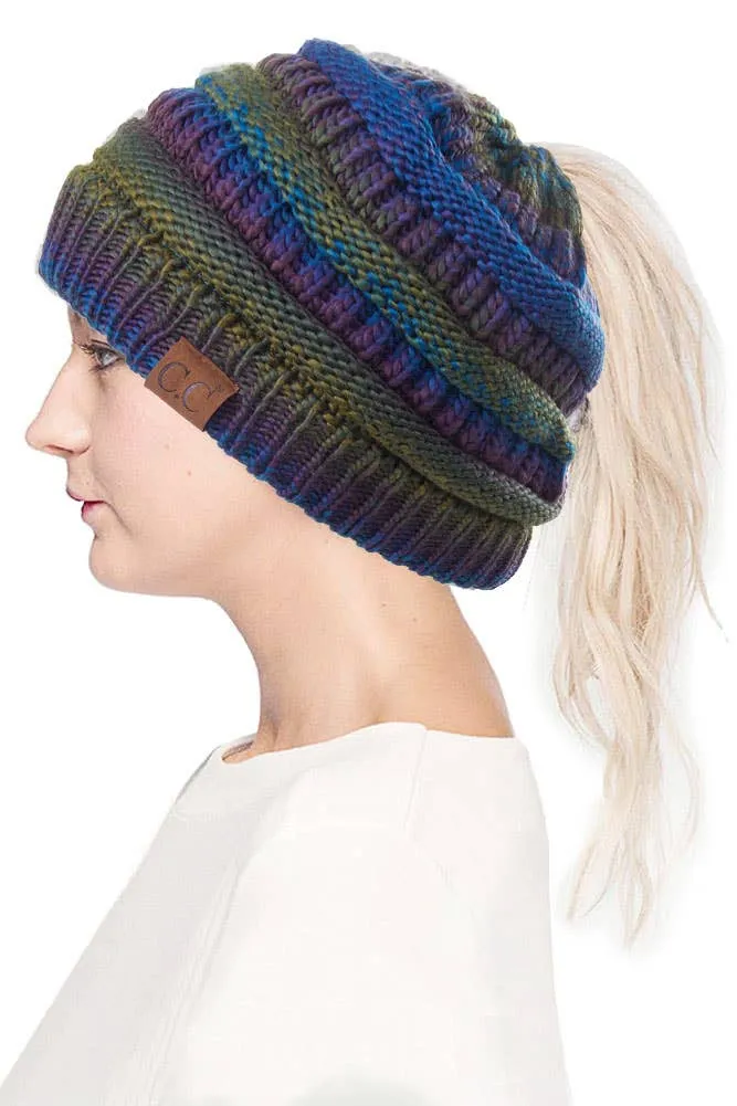 C.C Multi Color Cable Knit Beanie Ponytail Hat