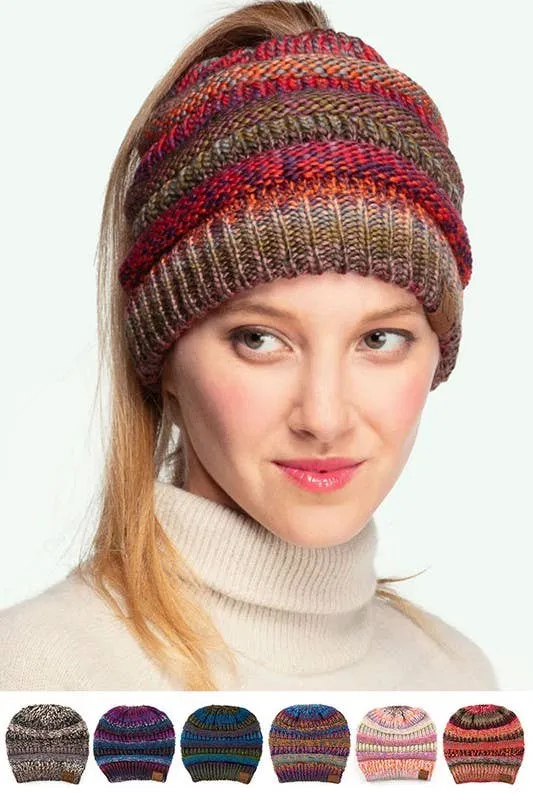 C.C Multi Color Cable Knit Beanie Ponytail Hat