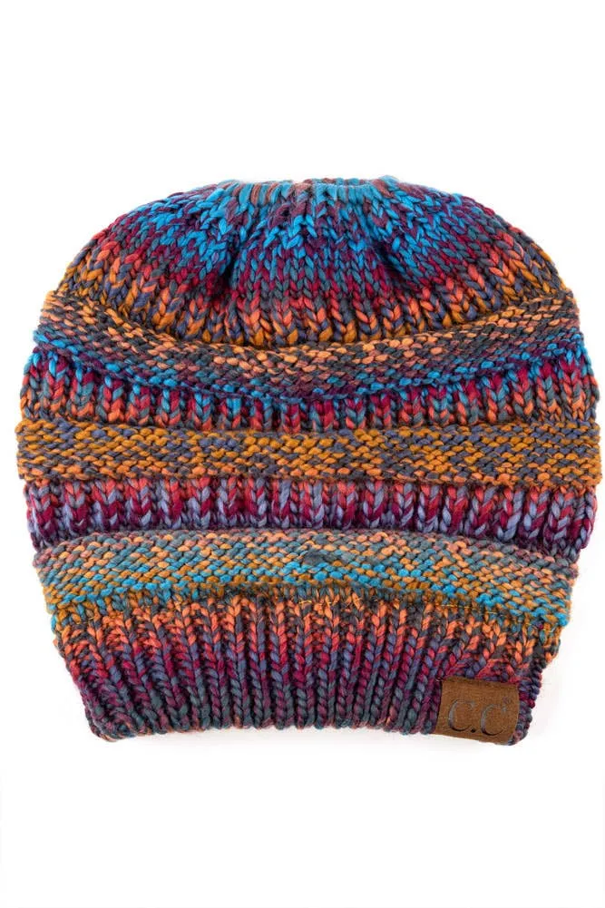 C.C Multi Color Cable Knit Beanie Ponytail Hat