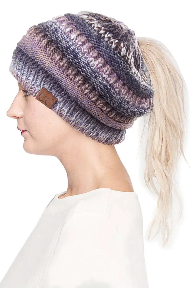 C.C Multi Color Cable Knit Beanie Ponytail Hat