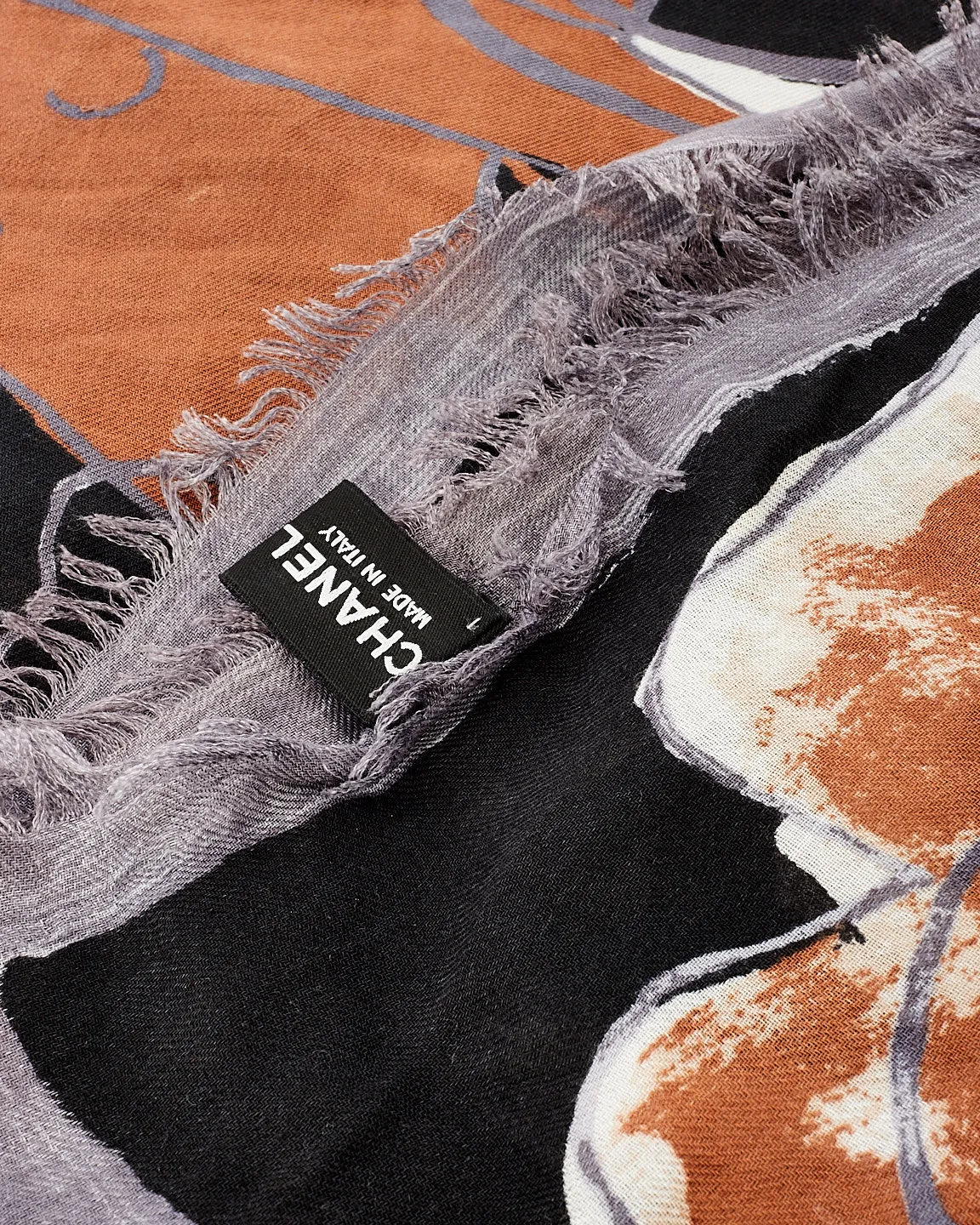 Chanel Black & Brown Abstract Print Camellia and CC Logo Scarf