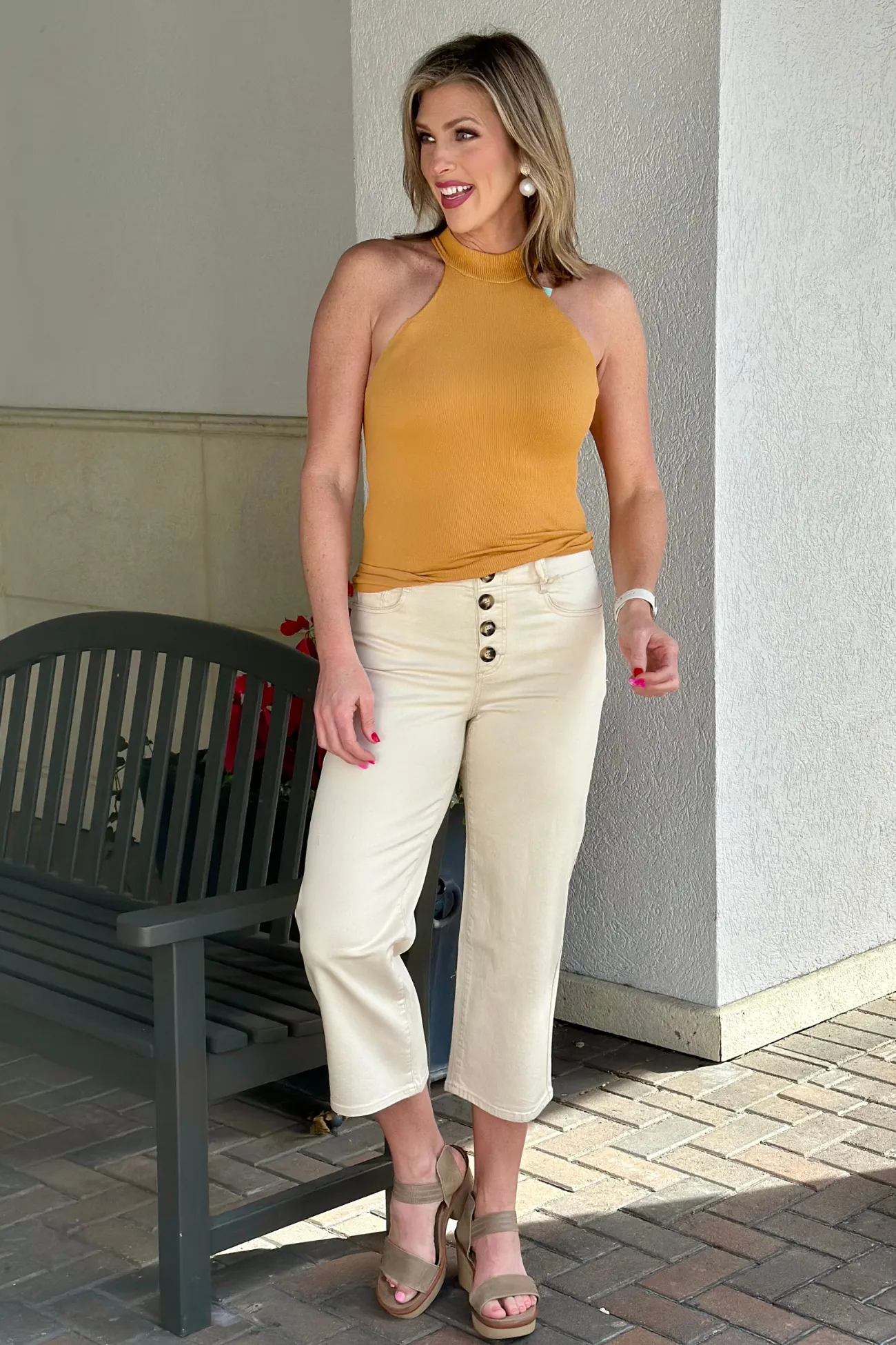 Charlie B Nikki Natural Flex Twill Front Button Fly Straight Crop Leg Pant