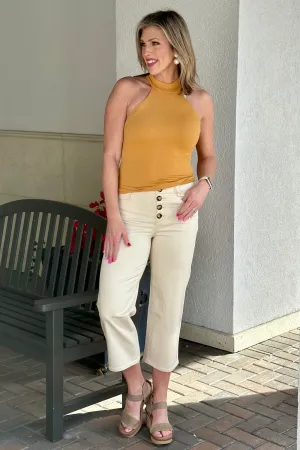 Charlie B Nikki Natural Flex Twill Front Button Fly Straight Crop Leg Pant