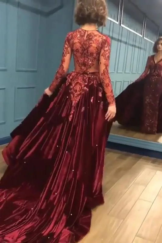 Charming Beading Burgundy Long Sleevess Prom Dresses with Appliques