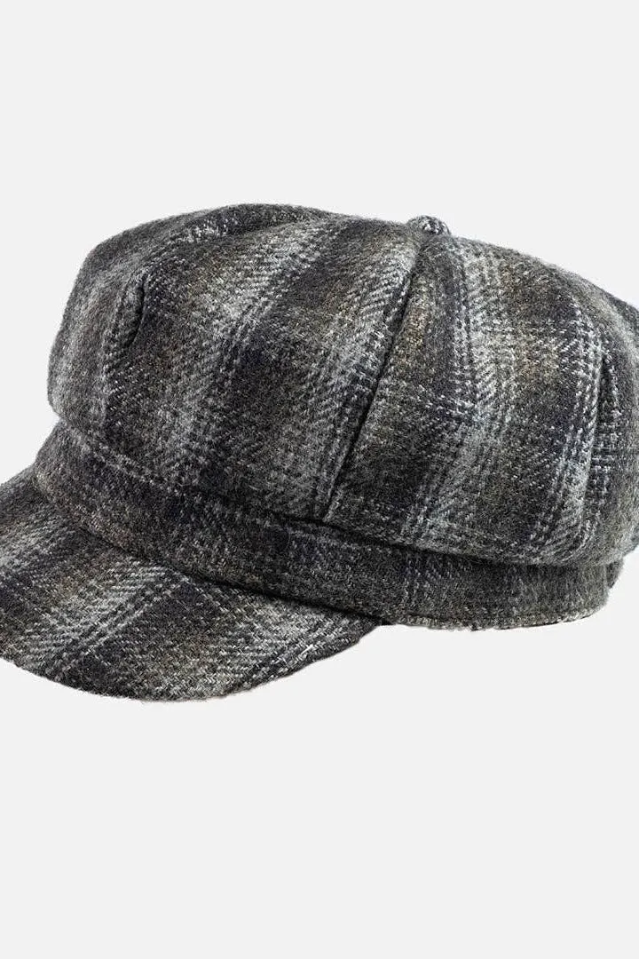 Checked Wool Look Winter Baker Boy Peak Cap