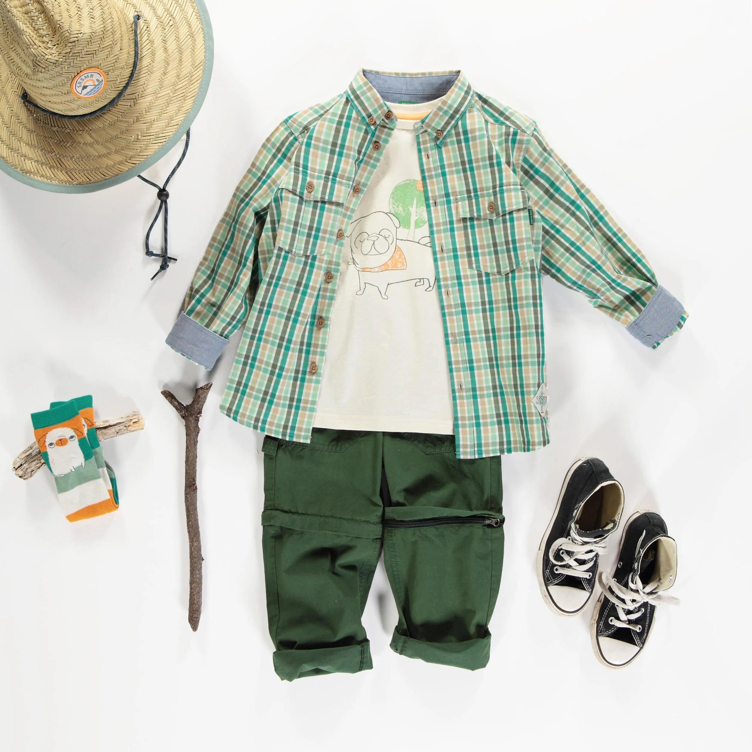 Chemise vert et crème à carreaux en doux coton, enfant || Green and cream plaid shirt in soft cotton, child