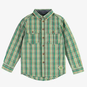 Chemise vert et crème à carreaux en doux coton, enfant || Green and cream plaid shirt in soft cotton, child
