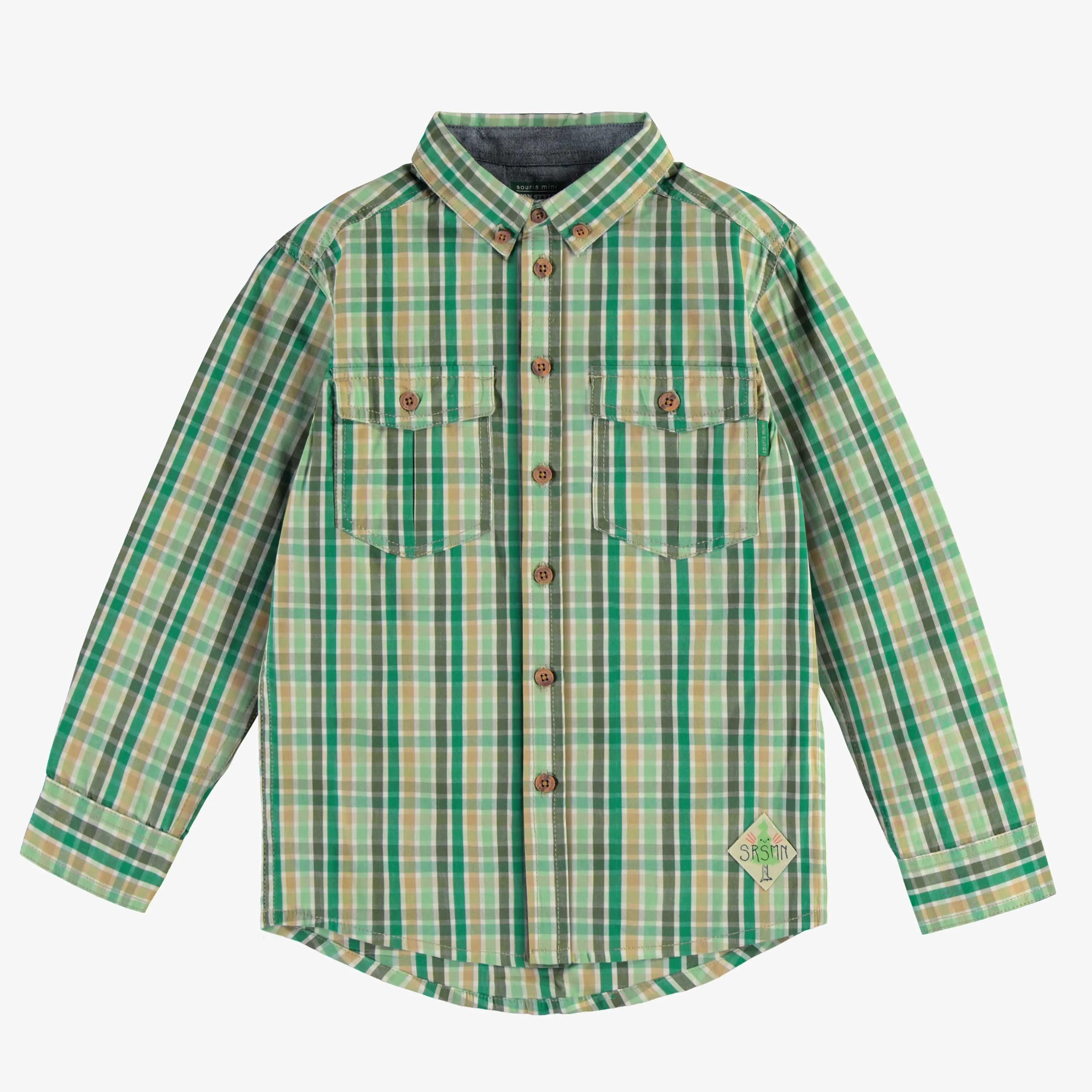 Chemise vert et crème à carreaux en doux coton, enfant || Green and cream plaid shirt in soft cotton, child