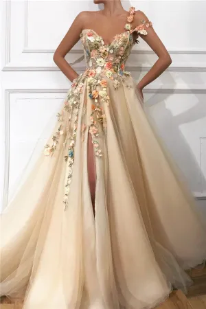 Chic One Shoulder Strap Tulle Sweetheart Front Slit Appliques Flowers Prom Party Gowns