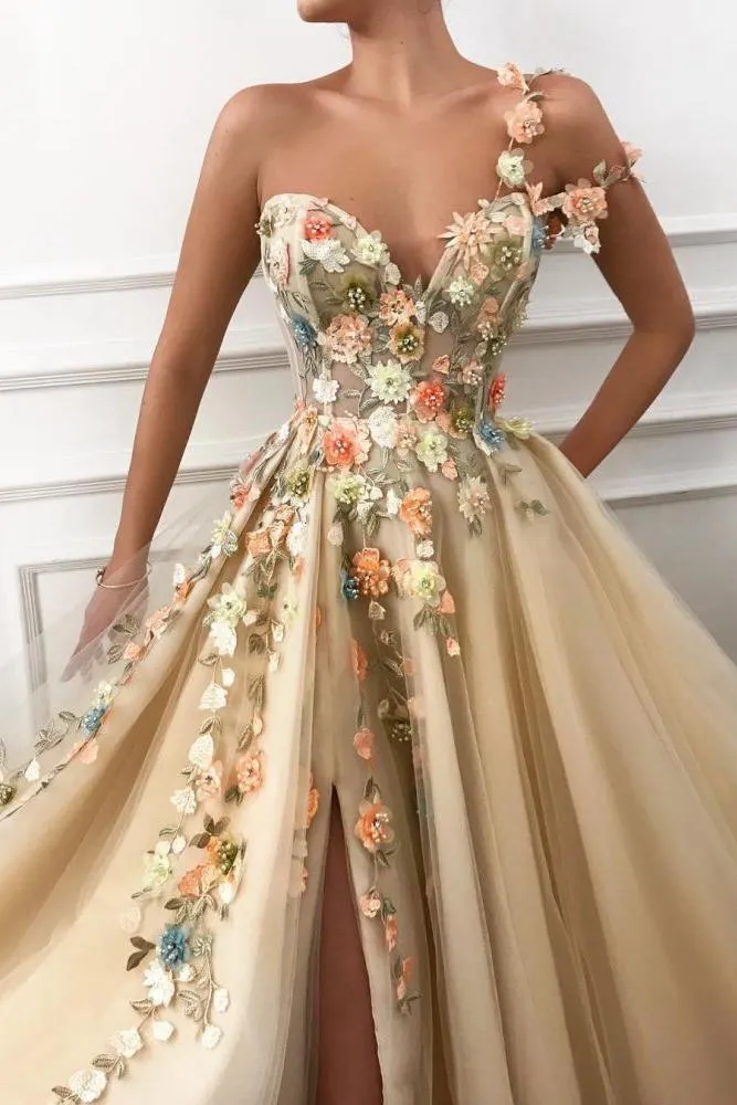 Chic One Shoulder Strap Tulle Sweetheart Front Slit Appliques Flowers Prom Party Gowns