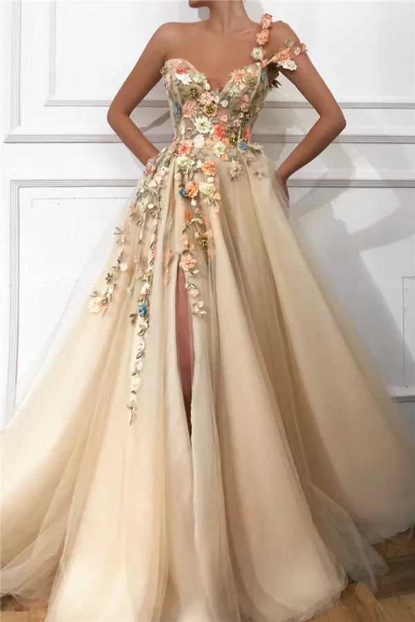 Chic One Shoulder Strap Tulle Sweetheart Front Slit Appliques Flowers Prom Party Gowns