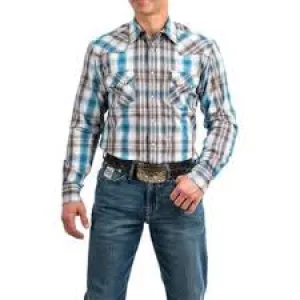 CLMTW1301030-S-Blue Gry Cinch Plaid Modern Fit Snap L/S