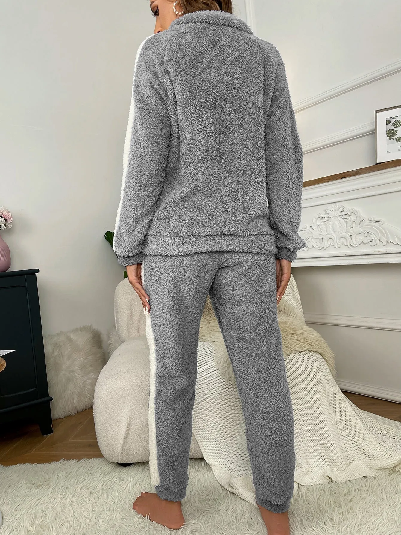 Contrast Side Seam Half Zip Flannel Top & Pants Lounge Set