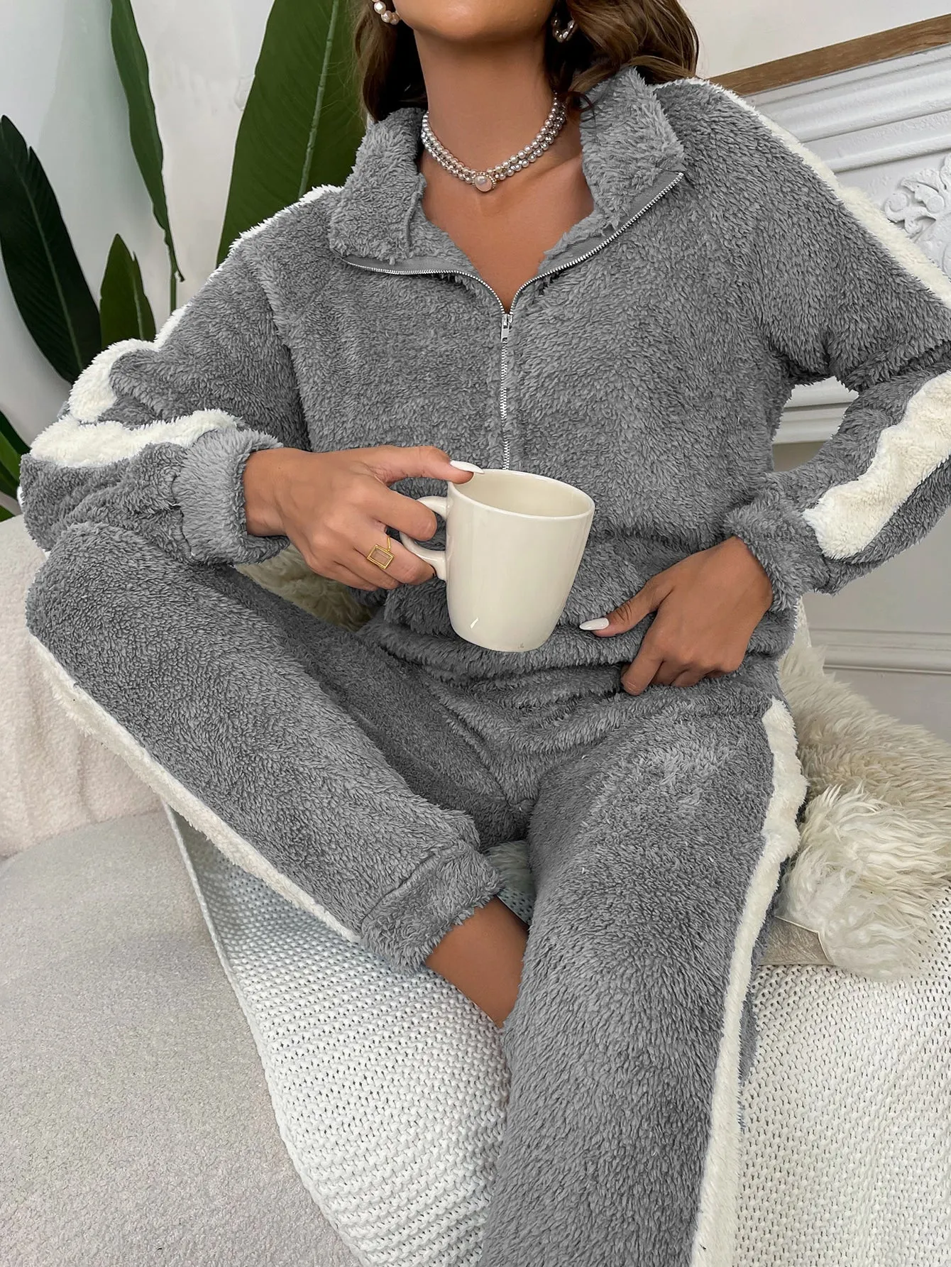 Contrast Side Seam Half Zip Flannel Top & Pants Lounge Set