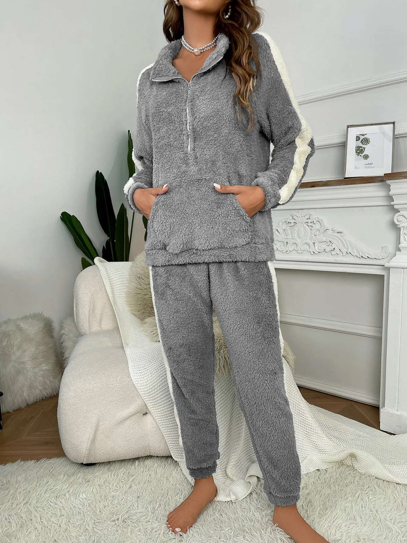 Contrast Side Seam Half Zip Flannel Top & Pants Lounge Set