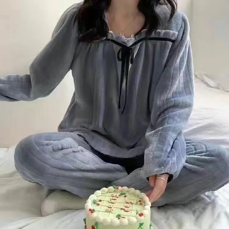 Coral Fleece Pajamas Sets For Women Autumn Winter Thick Warm Sweet Cute Sleepwear Flannel Lounge Wear Homewear Nightie Female