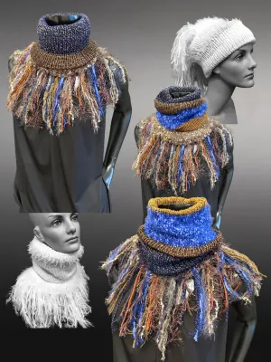 Cowl, blue brown Knit Turtleneck Reversible Cowl with artsy fringe, neckwarmer, round scarf, navy cowl, art fibers, head scarf, bohochic