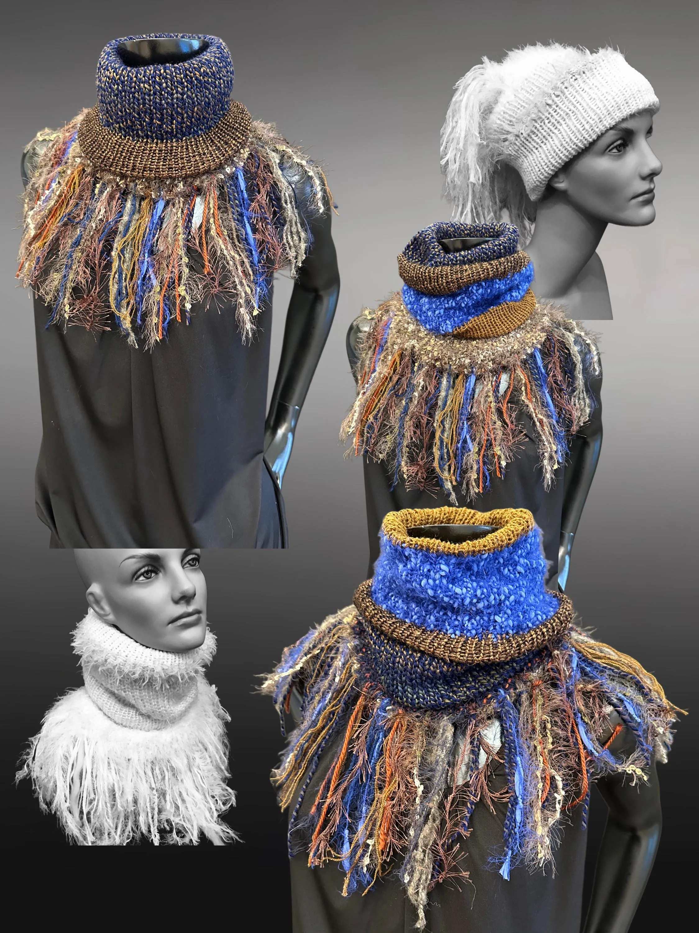 Cowl, blue brown Knit Turtleneck Reversible Cowl with artsy fringe, neckwarmer, round scarf, navy cowl, art fibers, head scarf, bohochic