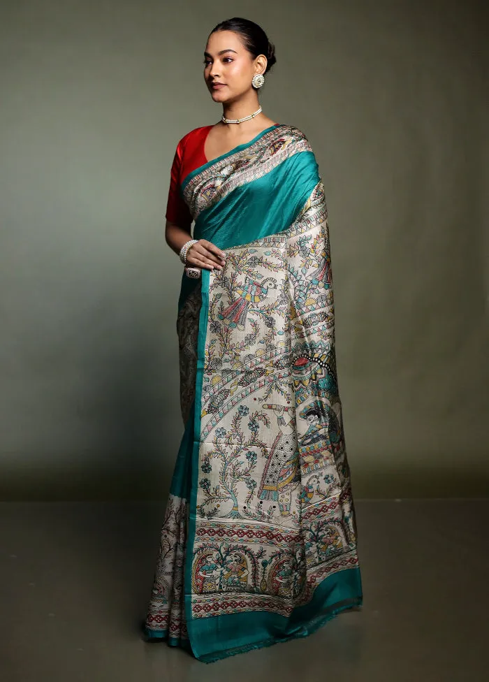 Cream Printed Pure Silk Saree Without Blouse Piece