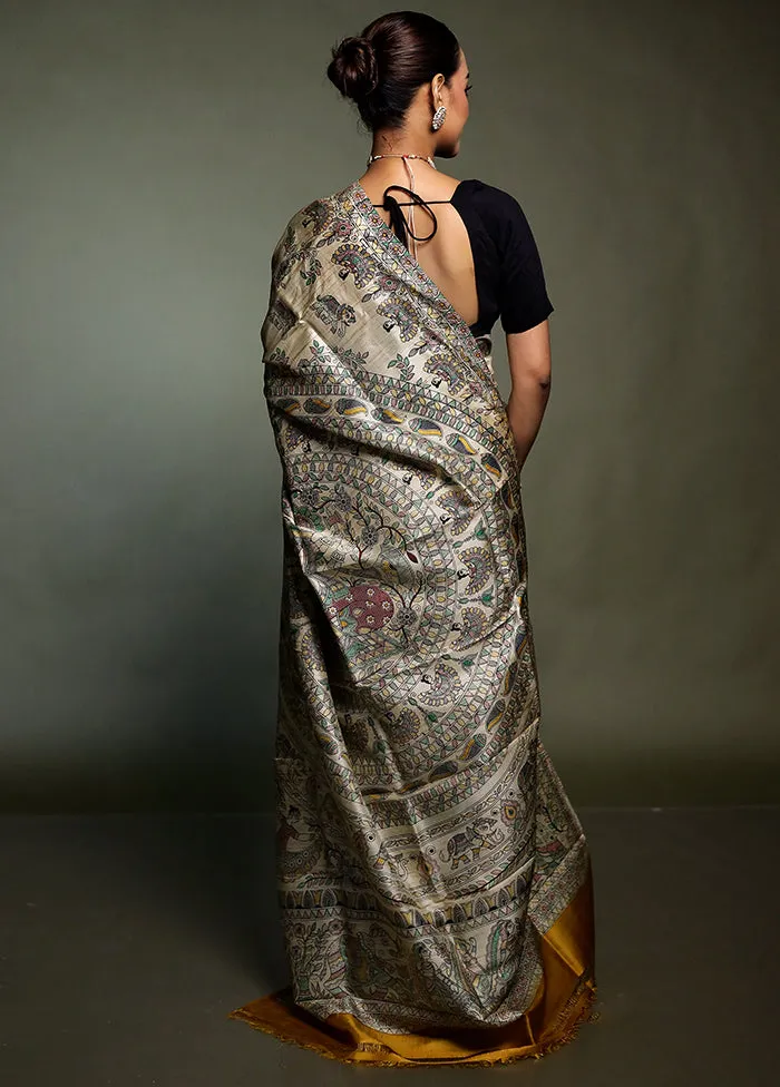Cream Printed Pure Silk Saree Without Blouse Piece