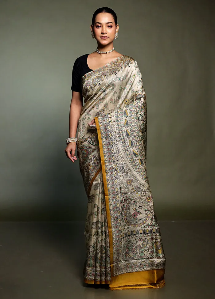 Cream Printed Pure Silk Saree Without Blouse Piece