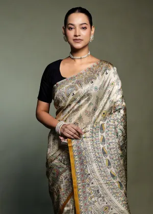 Cream Printed Pure Silk Saree Without Blouse Piece