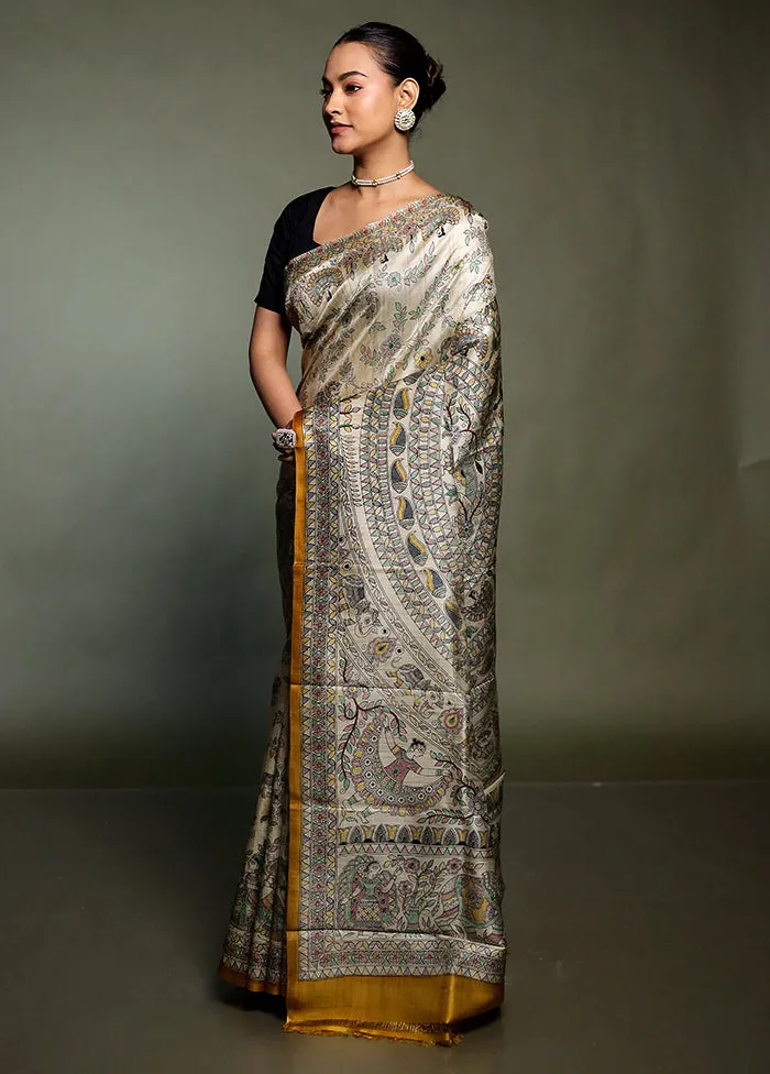Cream Printed Pure Silk Saree Without Blouse Piece