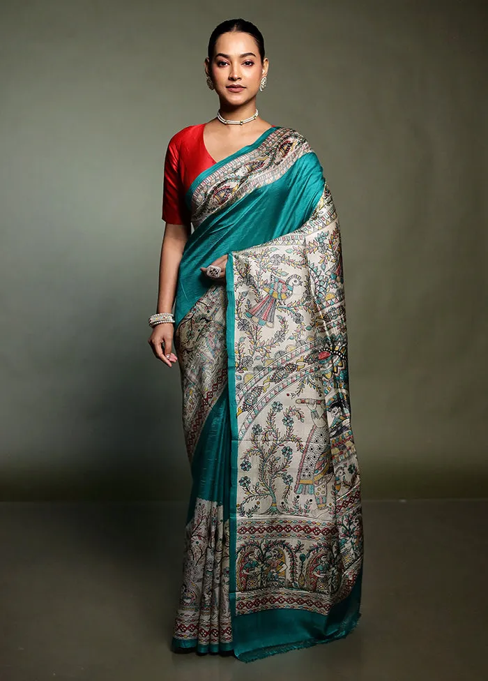 Cream Printed Pure Silk Saree Without Blouse Piece