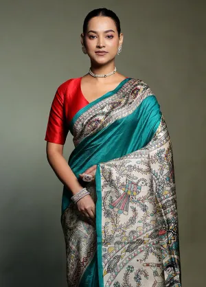 Cream Printed Pure Silk Saree Without Blouse Piece