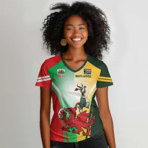 Custom South Africa And Wales Rugby Women V-Neck T-Shirt Springboks Welsh Mascots Dynamic Version LT14