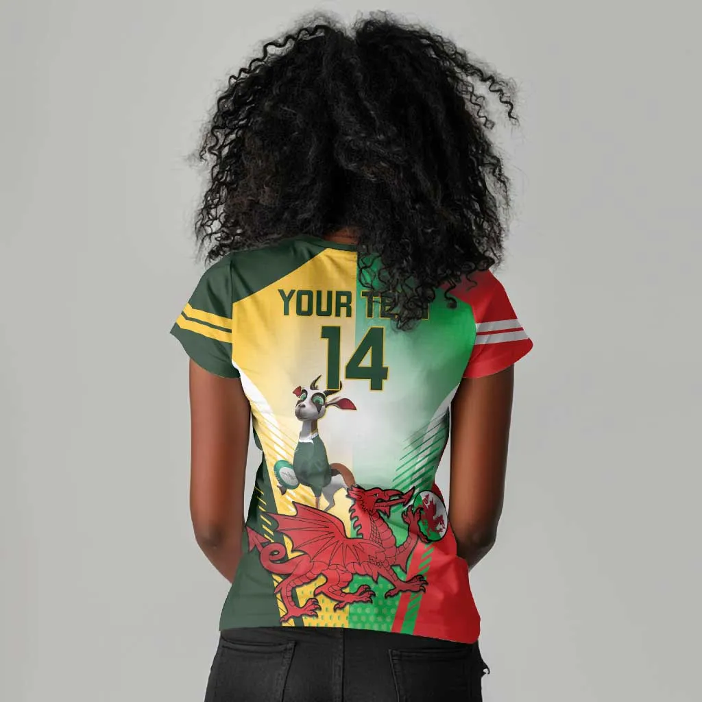 Custom South Africa And Wales Rugby Women V-Neck T-Shirt Springboks Welsh Mascots Dynamic Version LT14