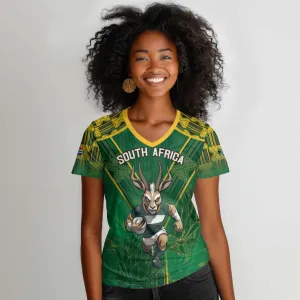 Custom South Africa Rugby 2024 Women V-Neck T-Shirt Go Bokke African Pattern LT05