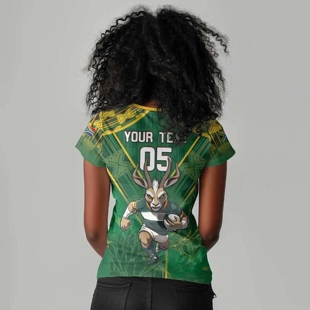 Custom South Africa Rugby 2024 Women V-Neck T-Shirt Go Bokke African Pattern LT05