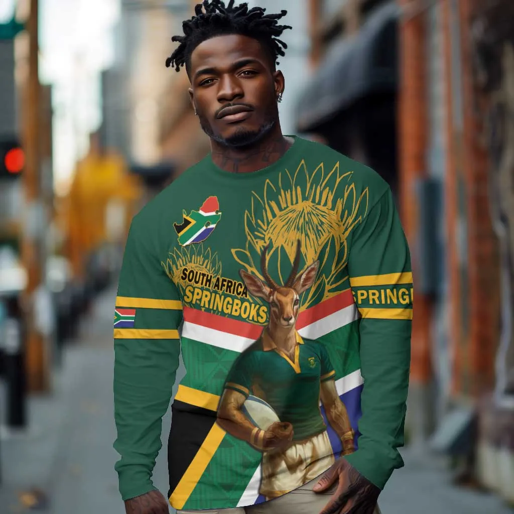 Custom South Africa Rugby Long Sleeve Shirt 2024 Go Springboks Mascot African Pattern LT14