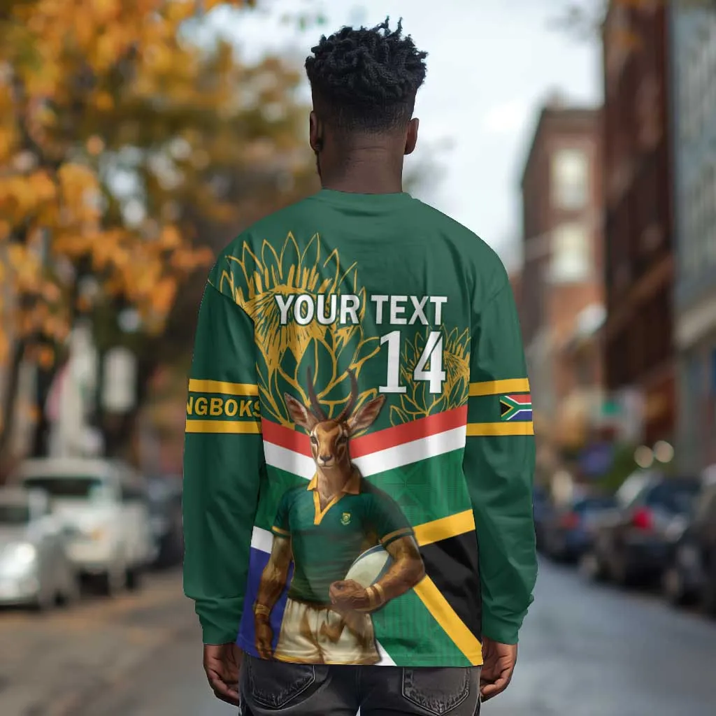 Custom South Africa Rugby Long Sleeve Shirt 2024 Go Springboks Mascot African Pattern LT14