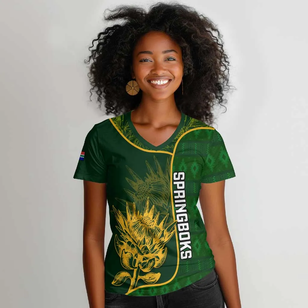 Custom South Africa Rugby Women V-Neck T-Shirt Go Champions Springboks Flower LT14