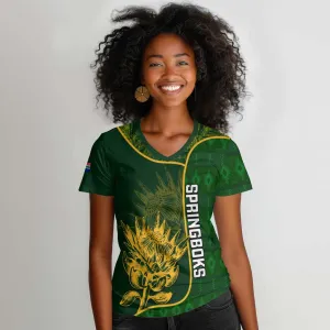Custom South Africa Rugby Women V-Neck T-Shirt Go Champions Springboks Flower LT14