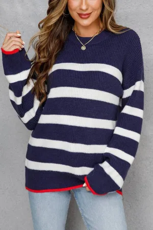 CWOSWL1709_Crew Neck Long Sleeve Striped Pullover Sweater: NAVY / (L) 1