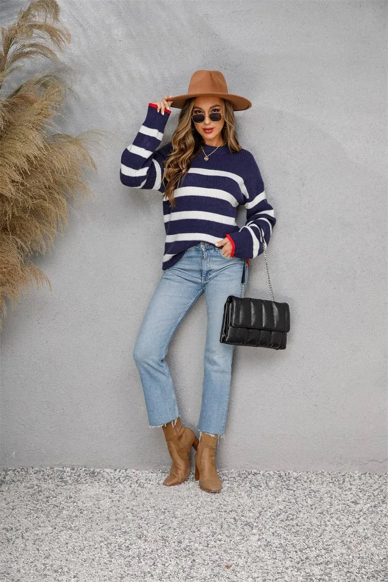 CWOSWL1709_Crew Neck Long Sleeve Striped Pullover Sweater: NAVY / (L) 1