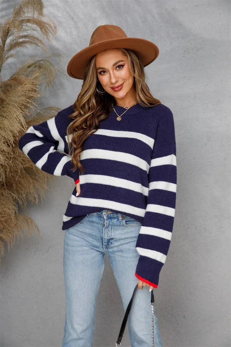 CWOSWL1709_Crew Neck Long Sleeve Striped Pullover Sweater: NAVY / (L) 1