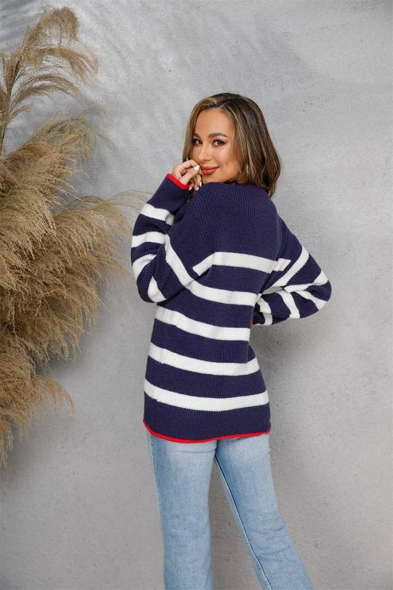 CWOSWL1709_Crew Neck Long Sleeve Striped Pullover Sweater: NAVY / (L) 1