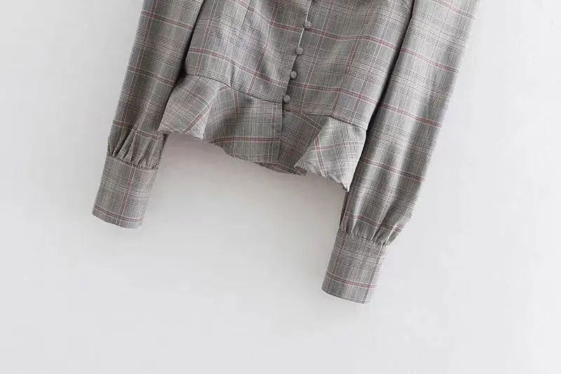 Early Autumn New Small Square Collar Plaid Retro Court Style Women's Shirt Top