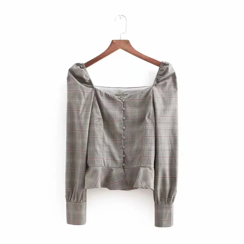 Early Autumn New Small Square Collar Plaid Retro Court Style Women's Shirt Top